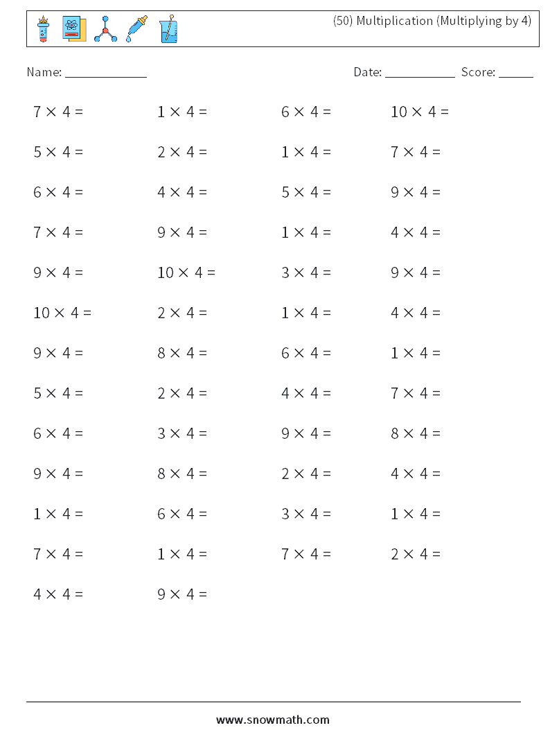 (50) Multiplication (Multiplying by 4) Math Worksheets 3