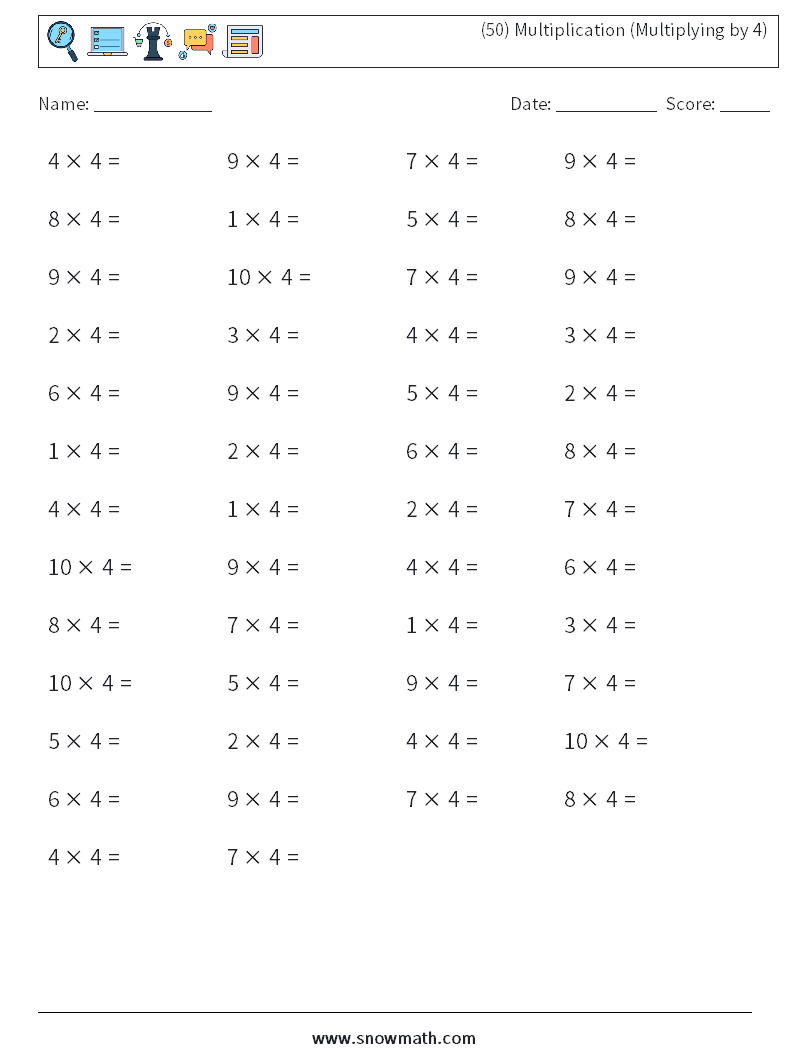 (50) Multiplication (Multiplying by 4) Math Worksheets 4