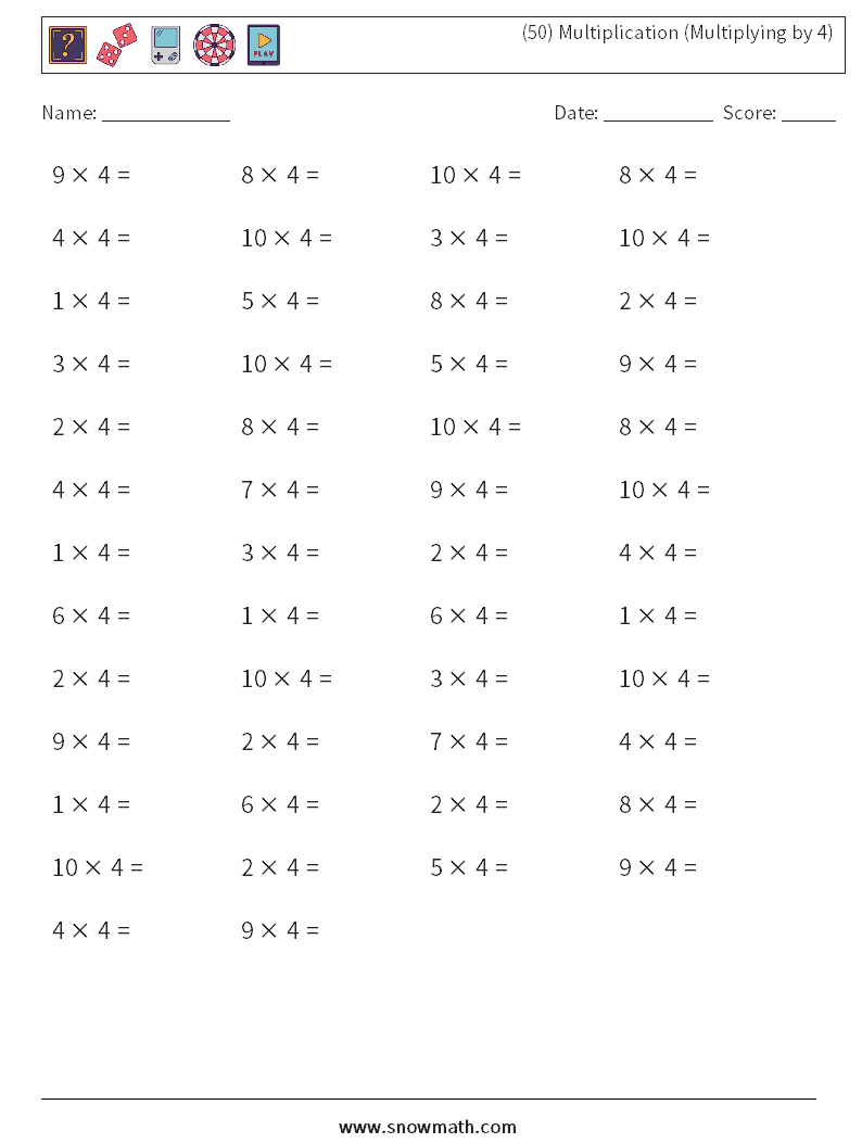 (50) Multiplication (Multiplying by 4) Math Worksheets 6