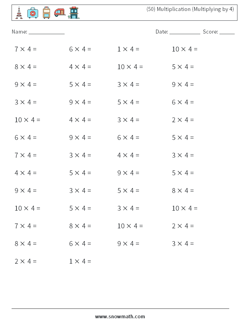 (50) Multiplication (Multiplying by 4) Math Worksheets 9