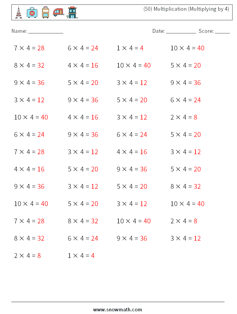 (50) Multiplication (Multiplying by 4) Math Worksheets 9 Question, Answer