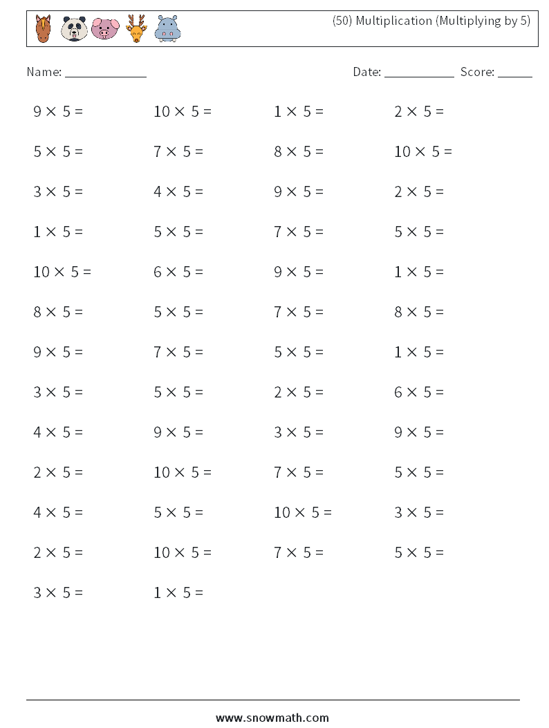 (50) Multiplication (Multiplying by 5) Math Worksheets 1