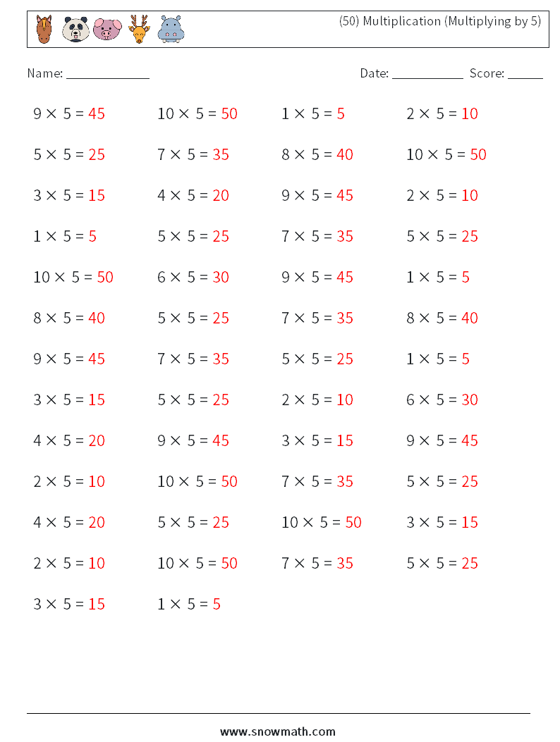 (50) Multiplication (Multiplying by 5) Math Worksheets 1 Question, Answer