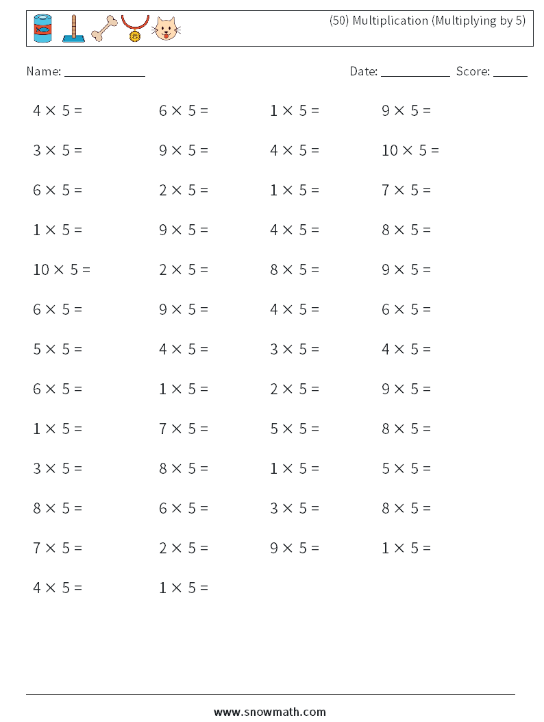 (50) Multiplication (Multiplying by 5) Math Worksheets 2
