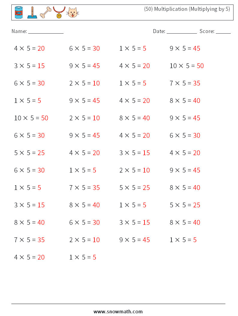 (50) Multiplication (Multiplying by 5) Math Worksheets 2 Question, Answer