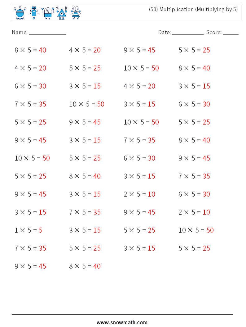 (50) Multiplication (Multiplying by 5) Math Worksheets 3 Question, Answer