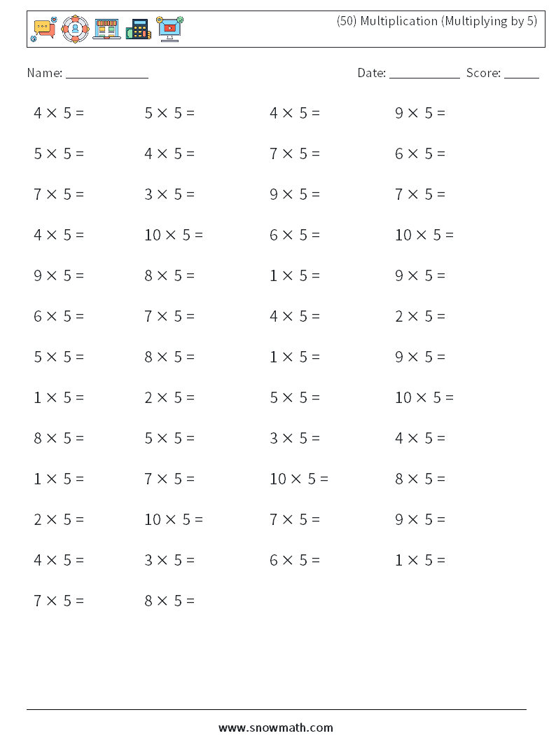 (50) Multiplication (Multiplying by 5) Math Worksheets 4