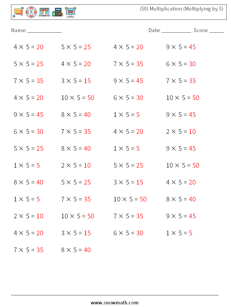 (50) Multiplication (Multiplying by 5) Math Worksheets 4 Question, Answer