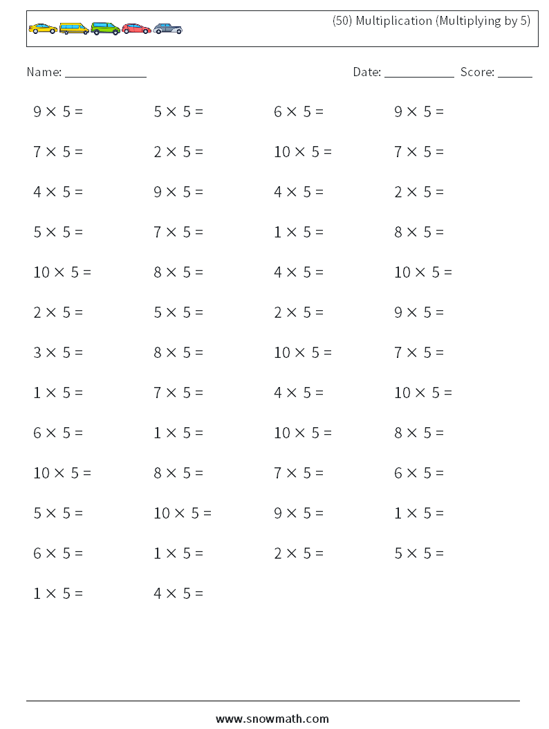 (50) Multiplication (Multiplying by 5) Math Worksheets 6