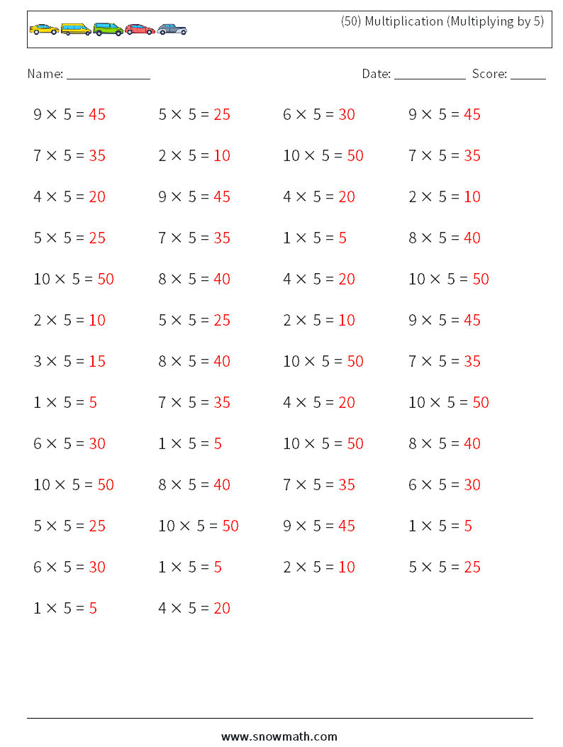 (50) Multiplication (Multiplying by 5) Math Worksheets 6 Question, Answer