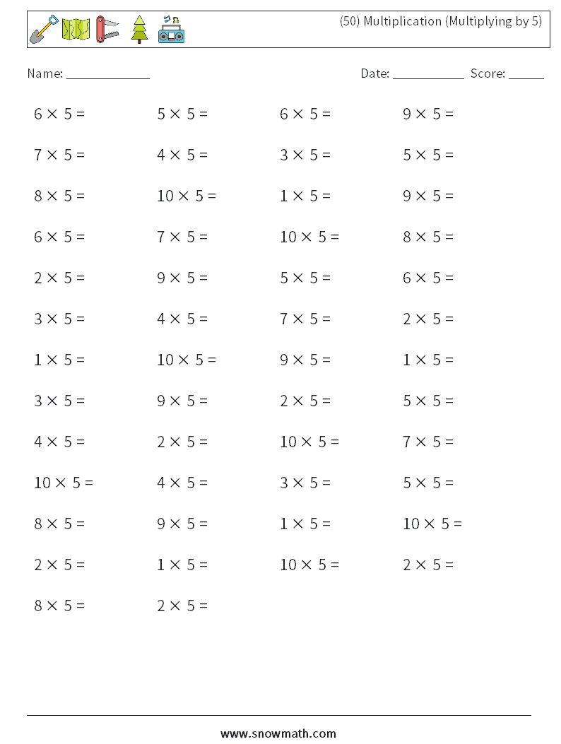 (50) Multiplication (Multiplying by 5) Math Worksheets 7