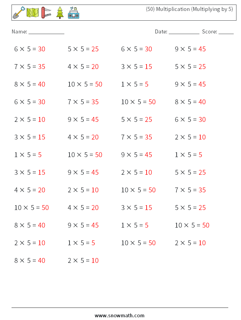 (50) Multiplication (Multiplying by 5) Math Worksheets 7 Question, Answer