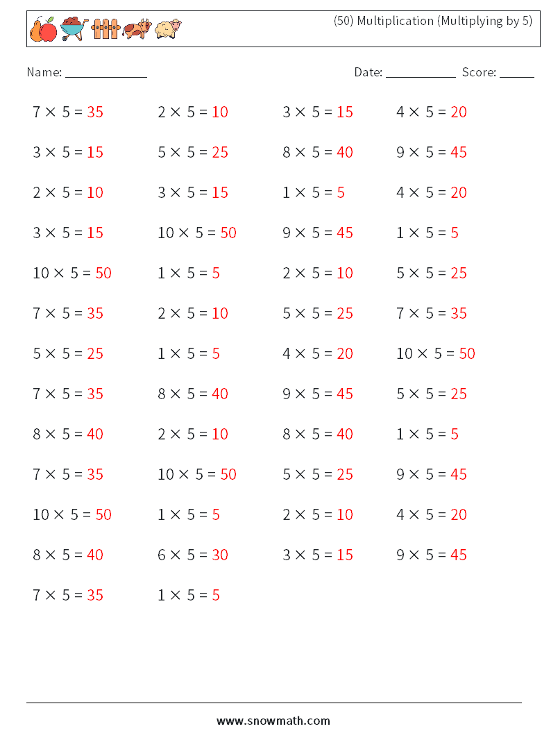 (50) Multiplication (Multiplying by 5) Math Worksheets 8 Question, Answer