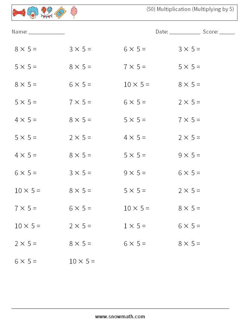 (50) Multiplication (Multiplying by 5) Math Worksheets 9