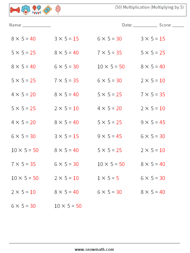 (50) Multiplication (Multiplying by 5) Math Worksheets 9 Question, Answer