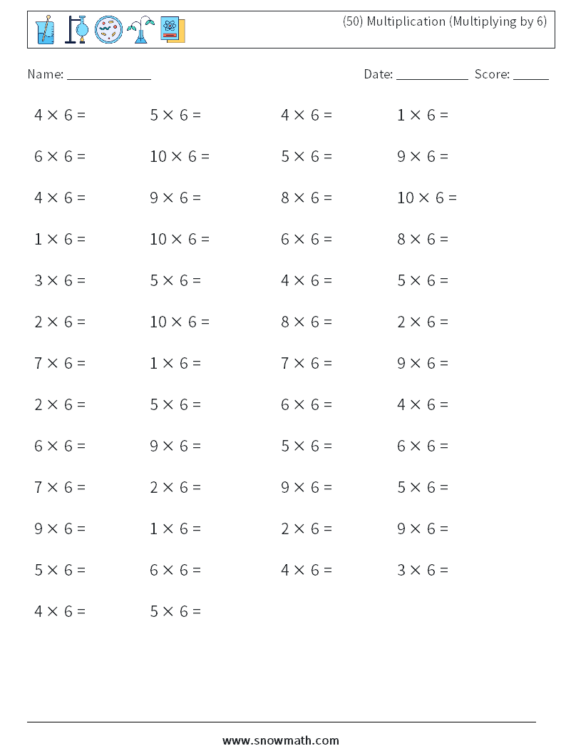 (50) Multiplication (Multiplying by 6) Math Worksheets 1