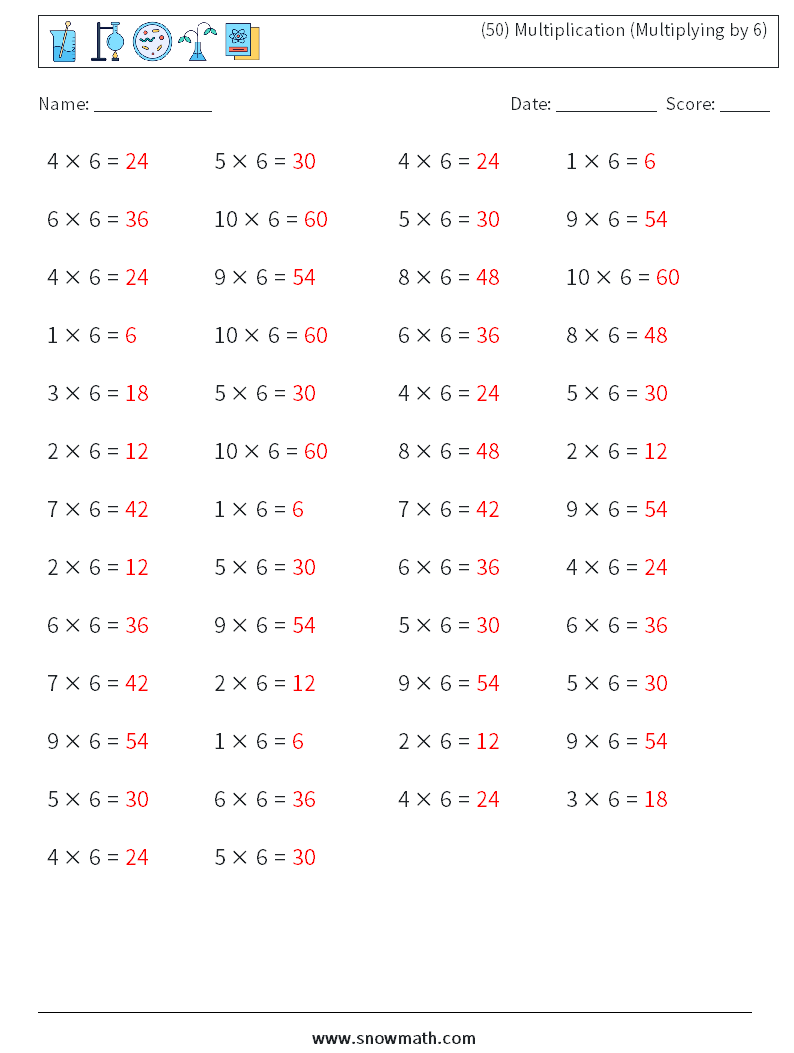 (50) Multiplication (Multiplying by 6) Math Worksheets 1 Question, Answer