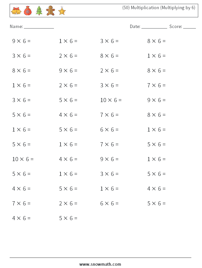 (50) Multiplication (Multiplying by 6) Math Worksheets 2