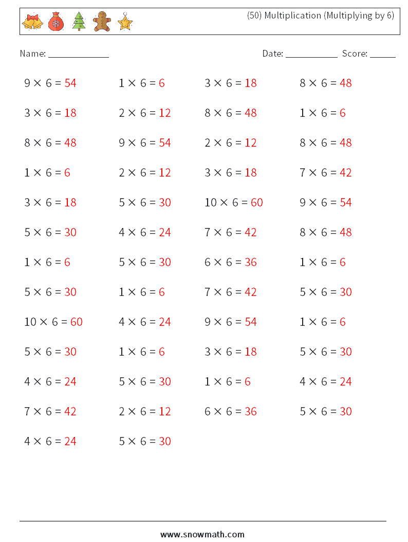 (50) Multiplication (Multiplying by 6) Math Worksheets 2 Question, Answer