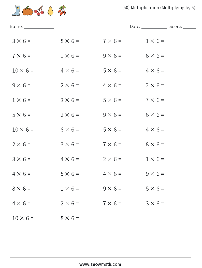 (50) Multiplication (Multiplying by 6) Math Worksheets 3