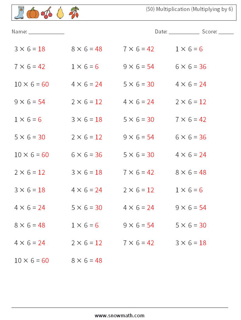 (50) Multiplication (Multiplying by 6) Math Worksheets 3 Question, Answer