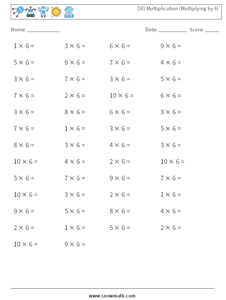 (50) Multiplication (Multiplying by 6) Math Worksheets 4