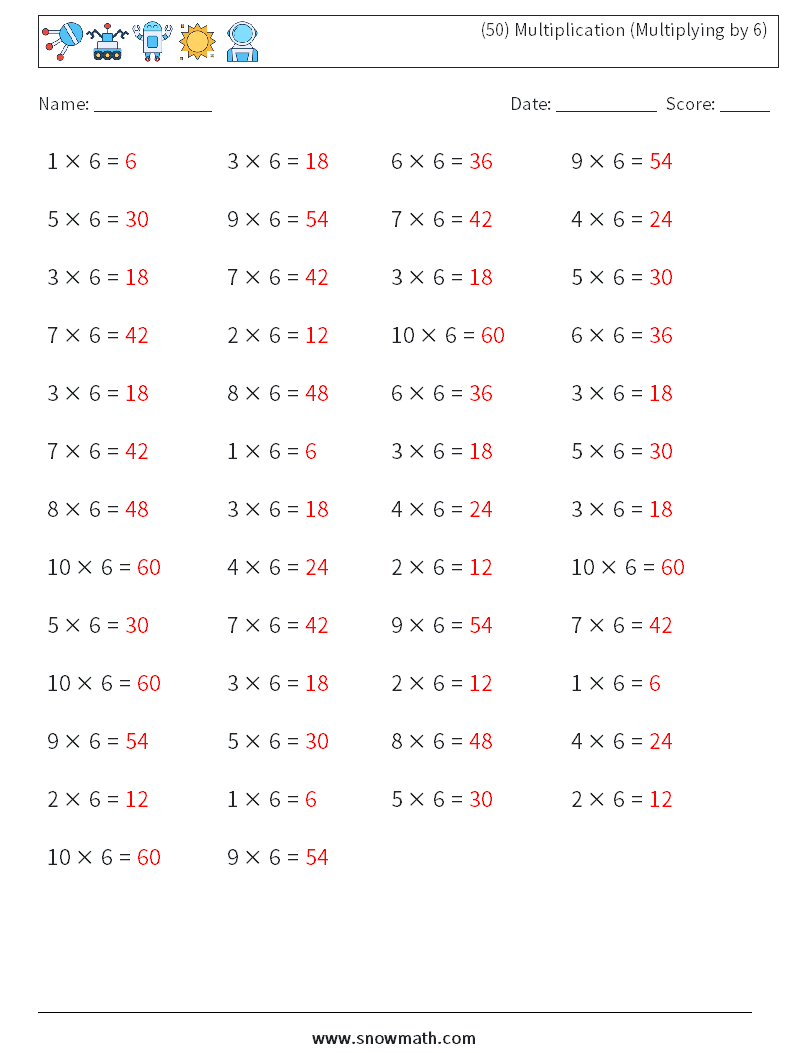 (50) Multiplication (Multiplying by 6) Math Worksheets 4 Question, Answer