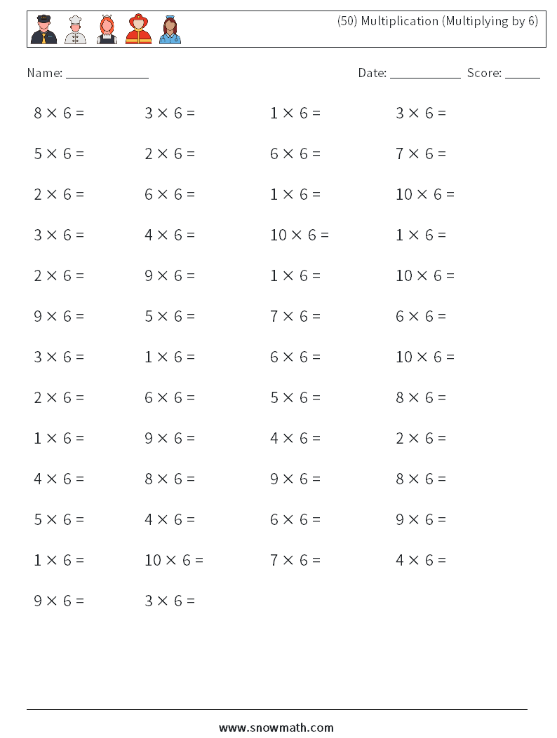 (50) Multiplication (Multiplying by 6) Math Worksheets 5
