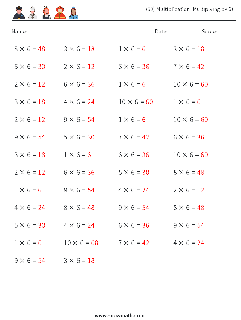 (50) Multiplication (Multiplying by 6) Math Worksheets 5 Question, Answer