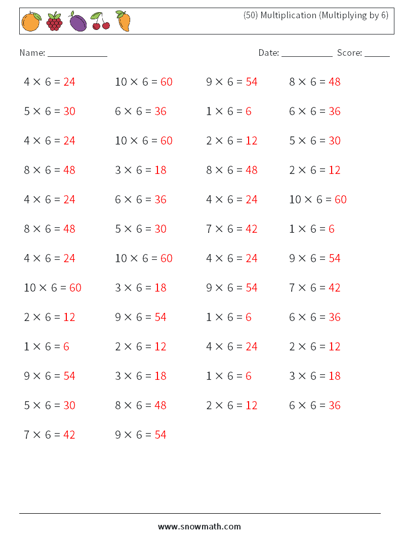 (50) Multiplication (Multiplying by 6) Math Worksheets 6 Question, Answer