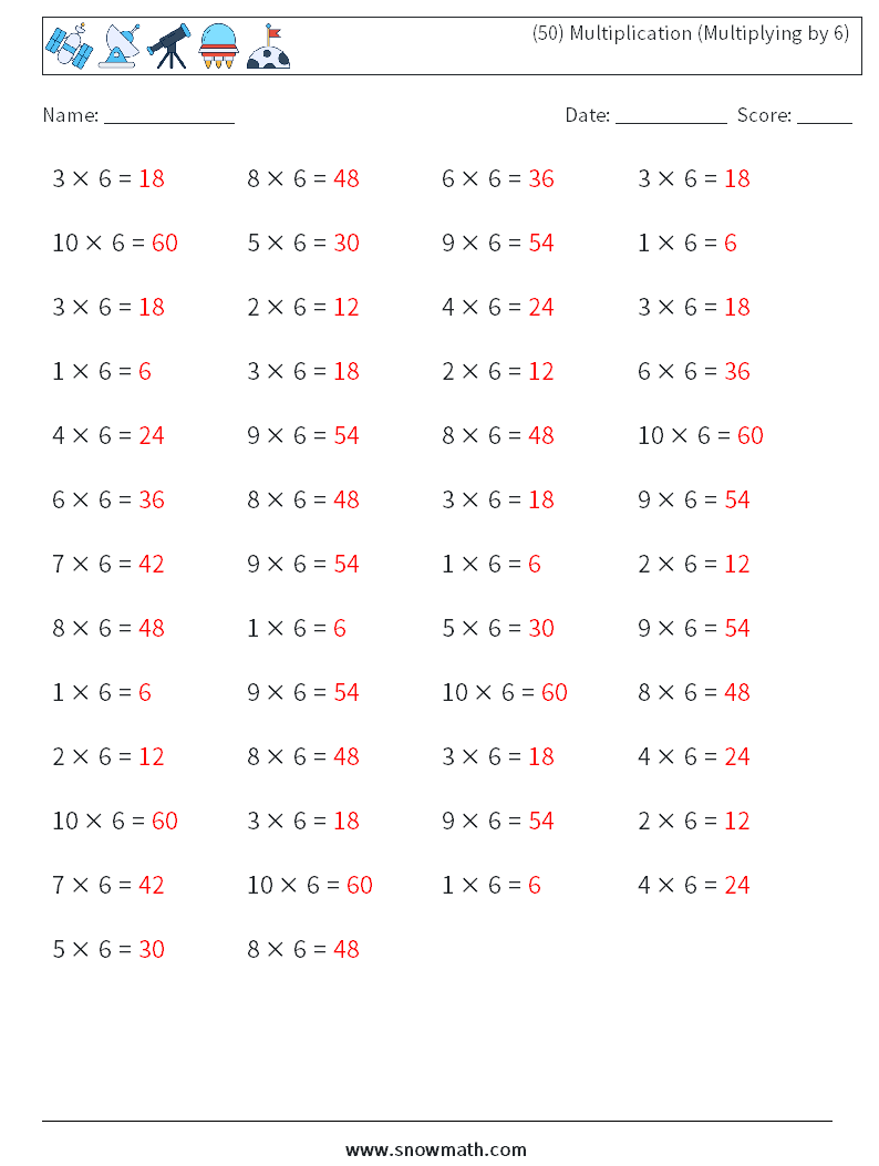 (50) Multiplication (Multiplying by 6) Math Worksheets 8 Question, Answer