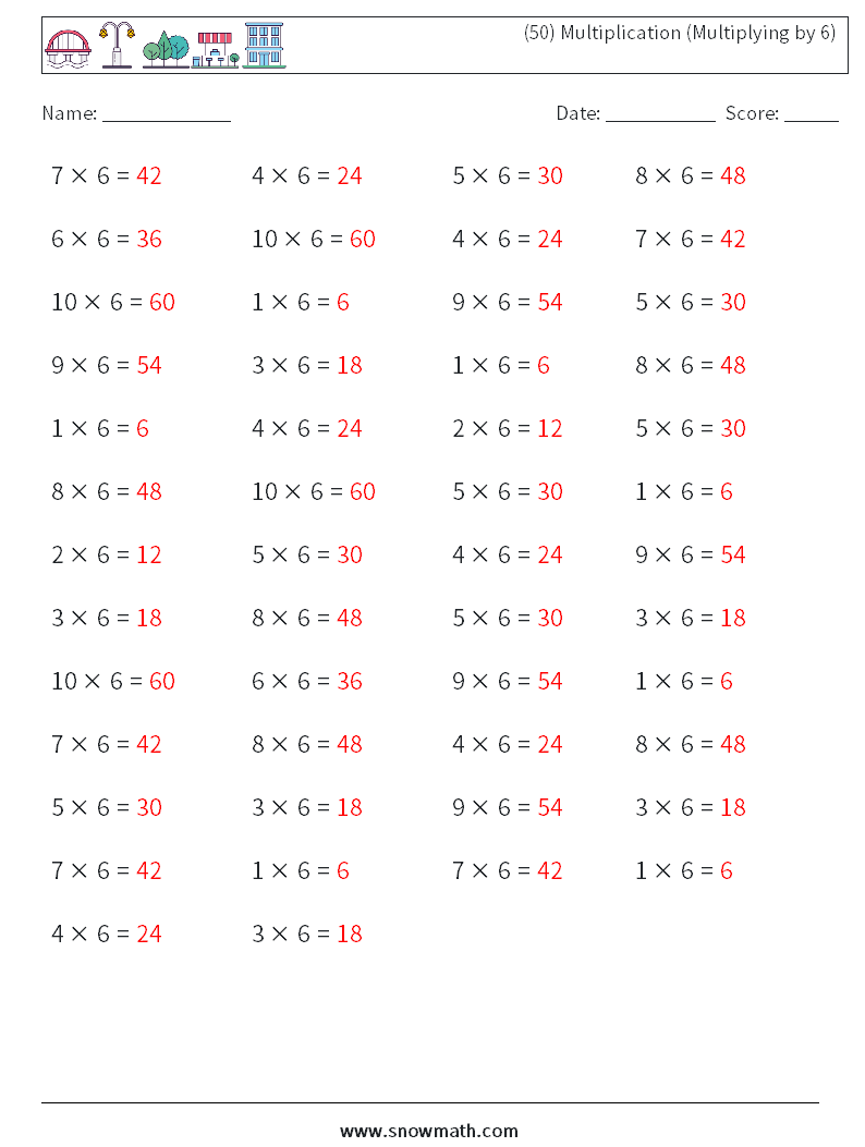 (50) Multiplication (Multiplying by 6) Math Worksheets 9 Question, Answer