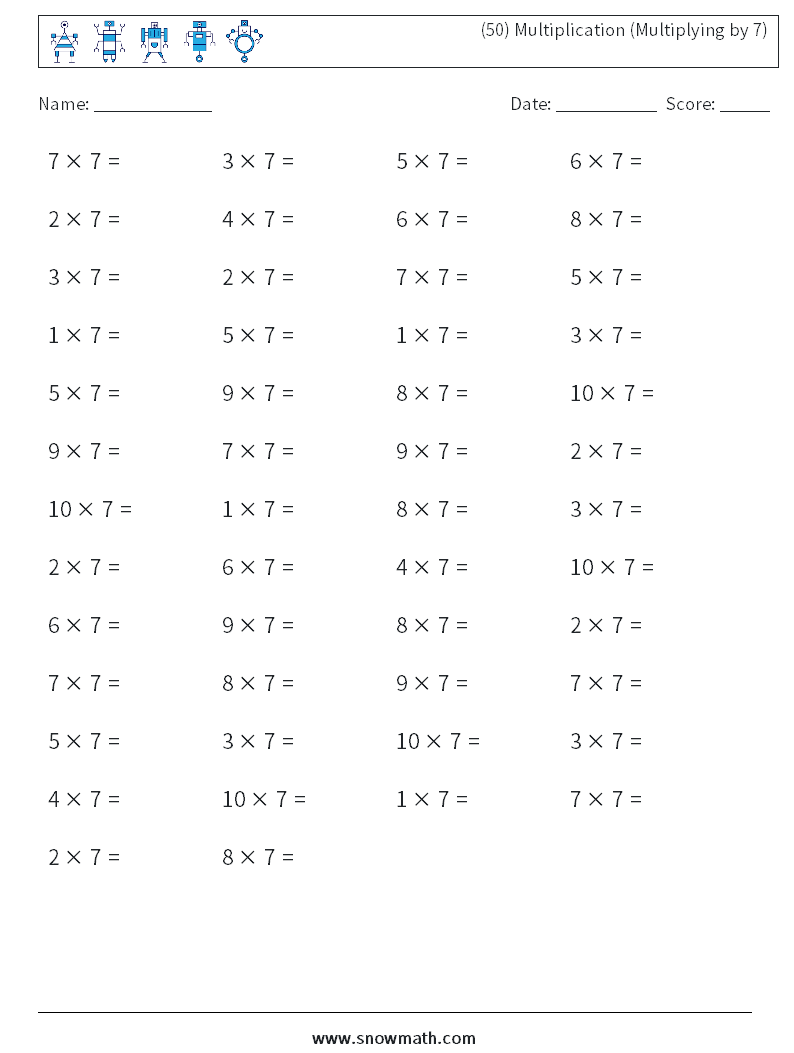 (50) Multiplication (Multiplying by 7) Math Worksheets 1