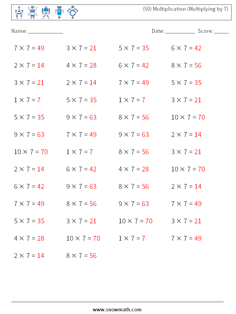 (50) Multiplication (Multiplying by 7) Math Worksheets 1 Question, Answer