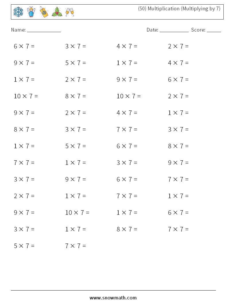 (50) Multiplication (Multiplying by 7) Math Worksheets 2