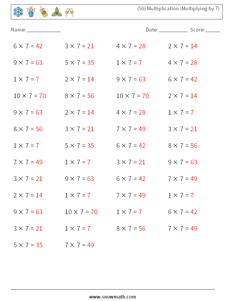 (50) Multiplication (Multiplying by 7) Math Worksheets 2 Question, Answer