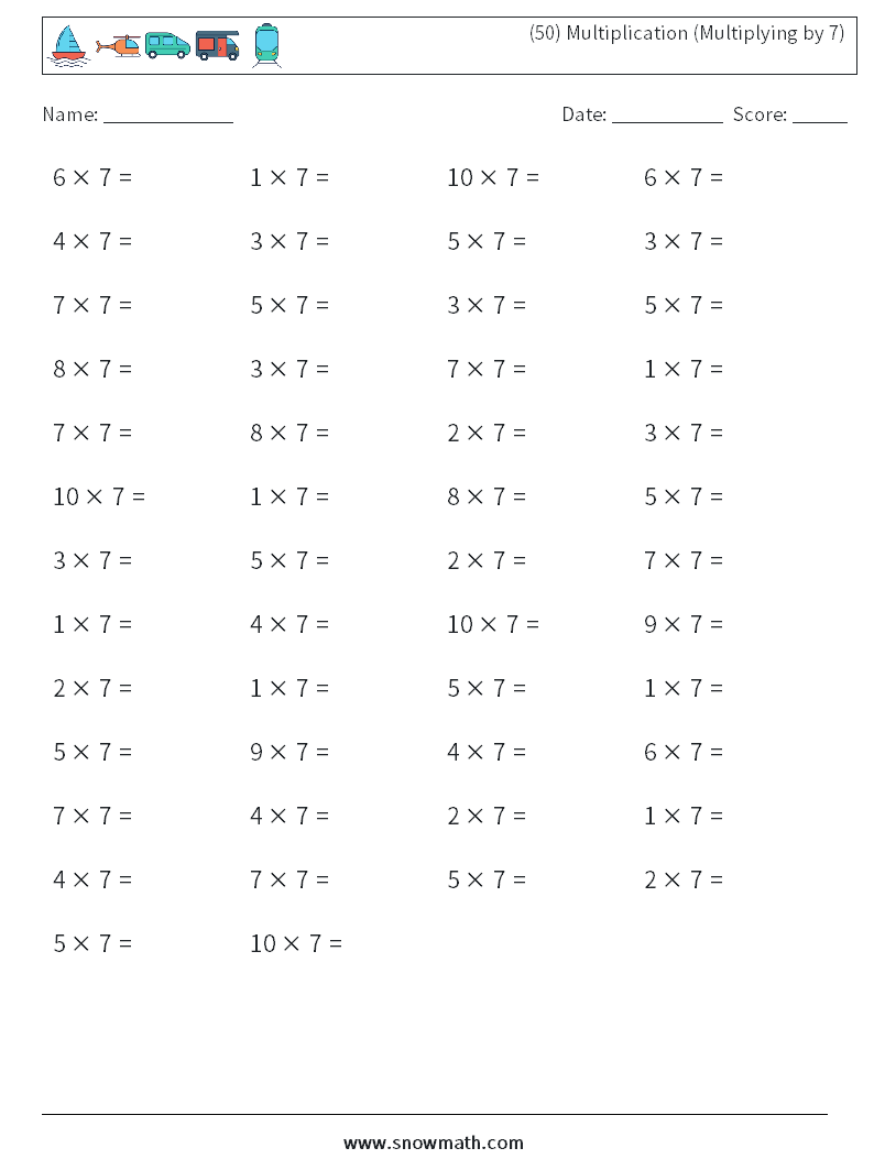 (50) Multiplication (Multiplying by 7) Math Worksheets 3