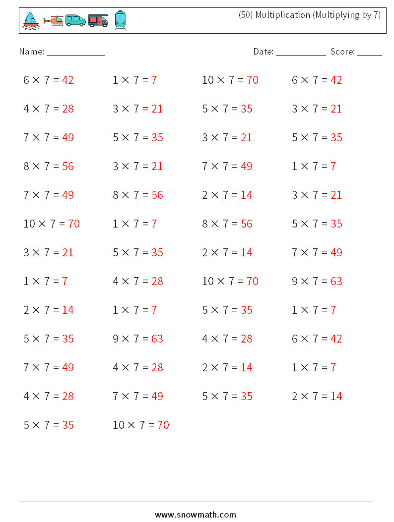 (50) Multiplication (Multiplying by 7) Math Worksheets 3 Question, Answer