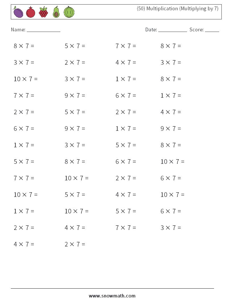 (50) Multiplication (Multiplying by 7) Math Worksheets 4