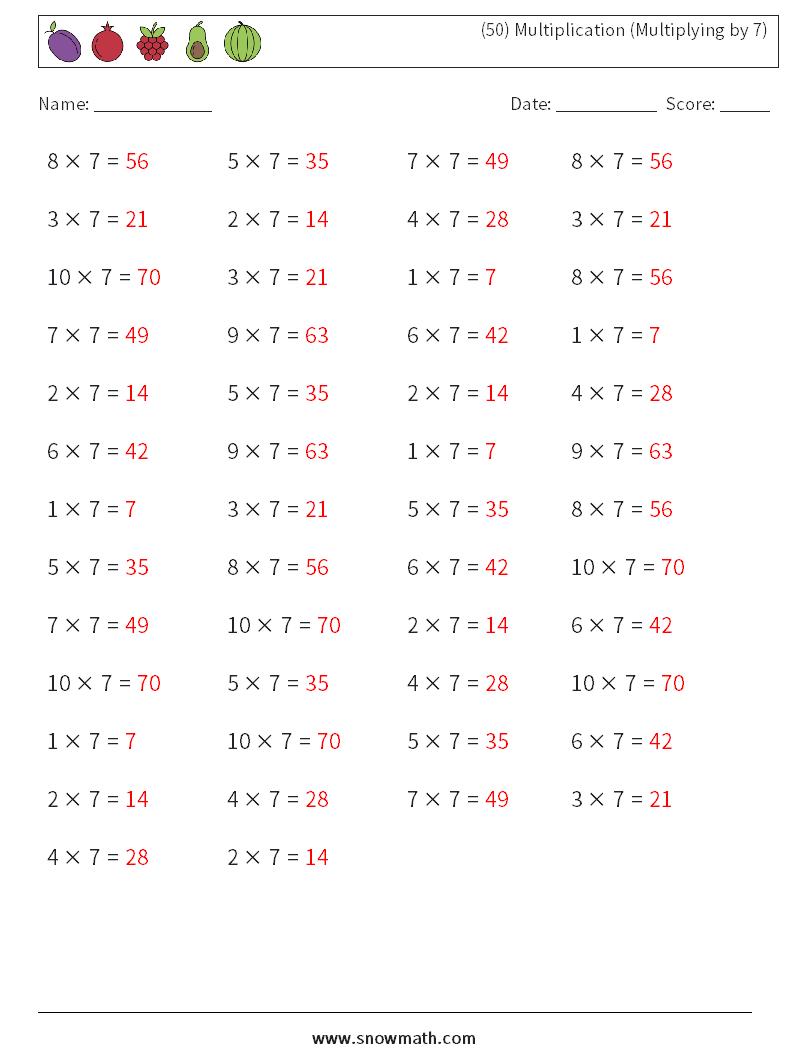 (50) Multiplication (Multiplying by 7) Math Worksheets 4 Question, Answer