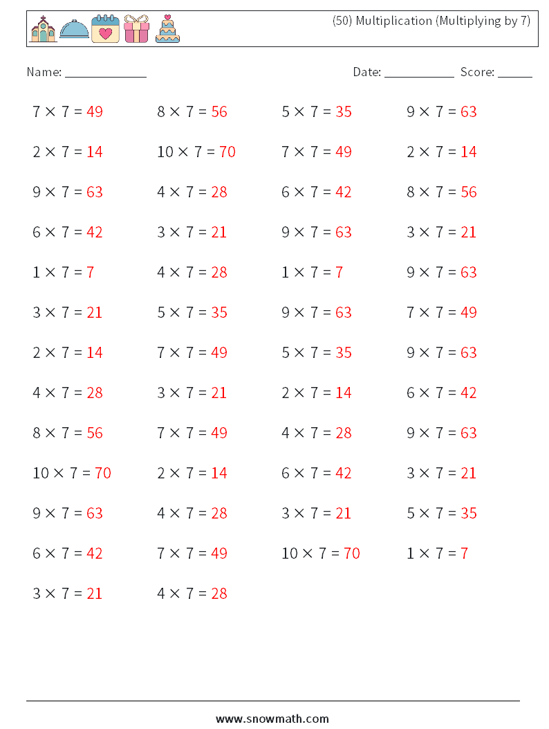 (50) Multiplication (Multiplying by 7) Math Worksheets 6 Question, Answer