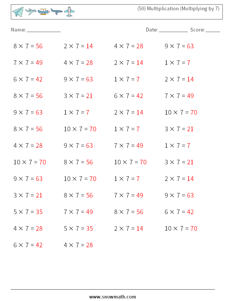 (50) Multiplication (Multiplying by 7) Math Worksheets 7 Question, Answer