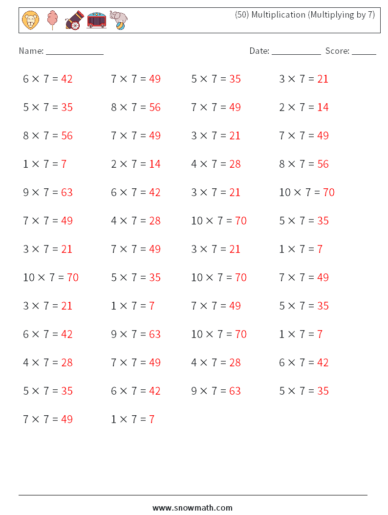 (50) Multiplication (Multiplying by 7) Math Worksheets 8 Question, Answer