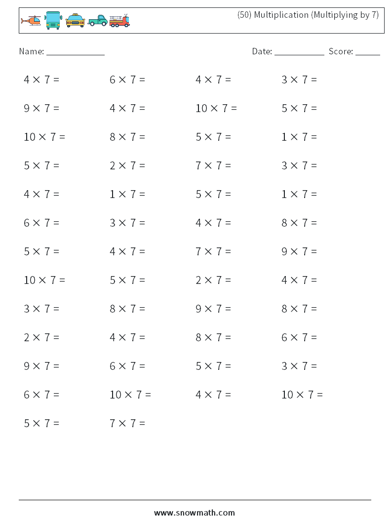 (50) Multiplication (Multiplying by 7) Math Worksheets 9