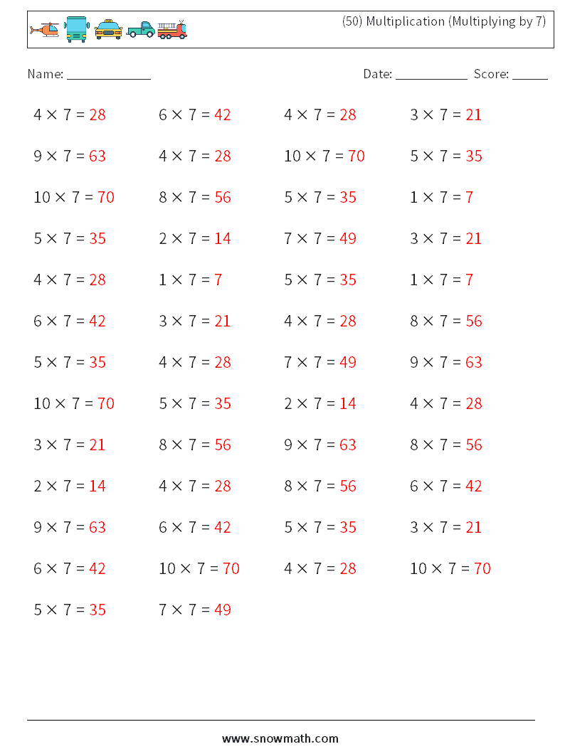 (50) Multiplication (Multiplying by 7) Math Worksheets 9 Question, Answer