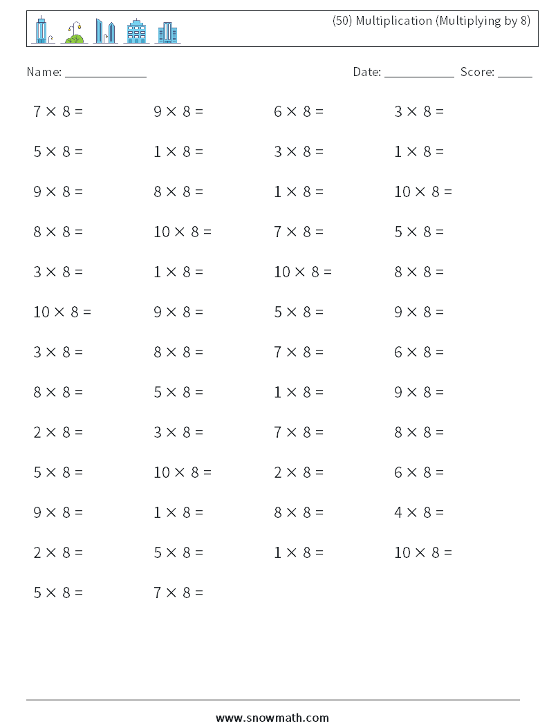 (50) Multiplication (Multiplying by 8) Math Worksheets 1