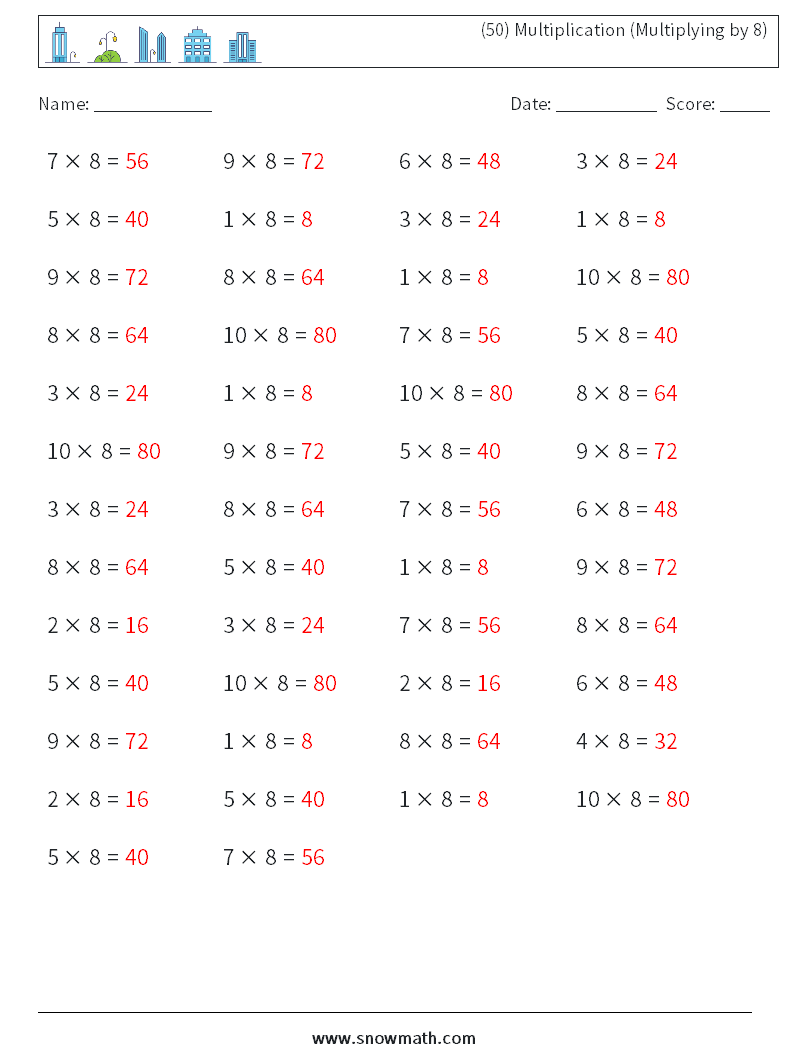 (50) Multiplication (Multiplying by 8) Math Worksheets 1 Question, Answer