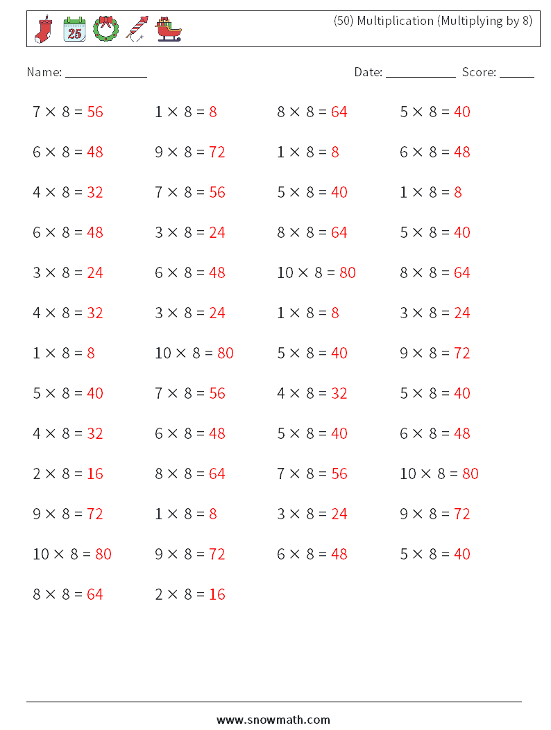 (50) Multiplication (Multiplying by 8) Math Worksheets 2 Question, Answer