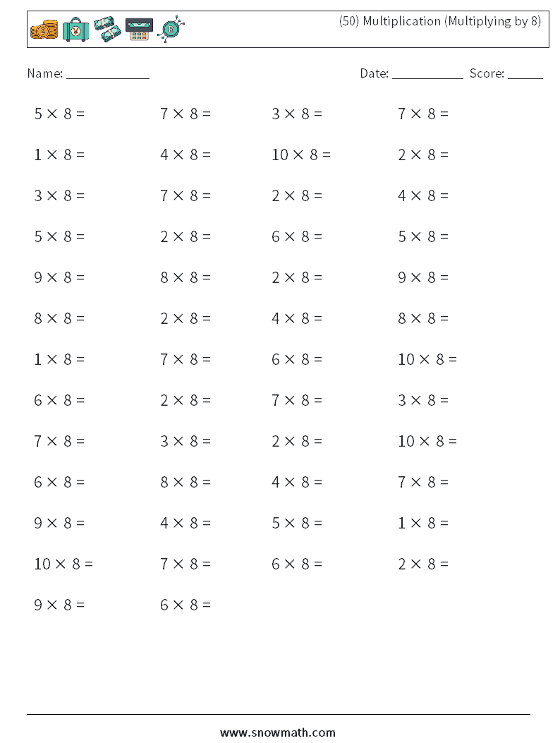 (50) Multiplication (Multiplying by 8) Math Worksheets 3