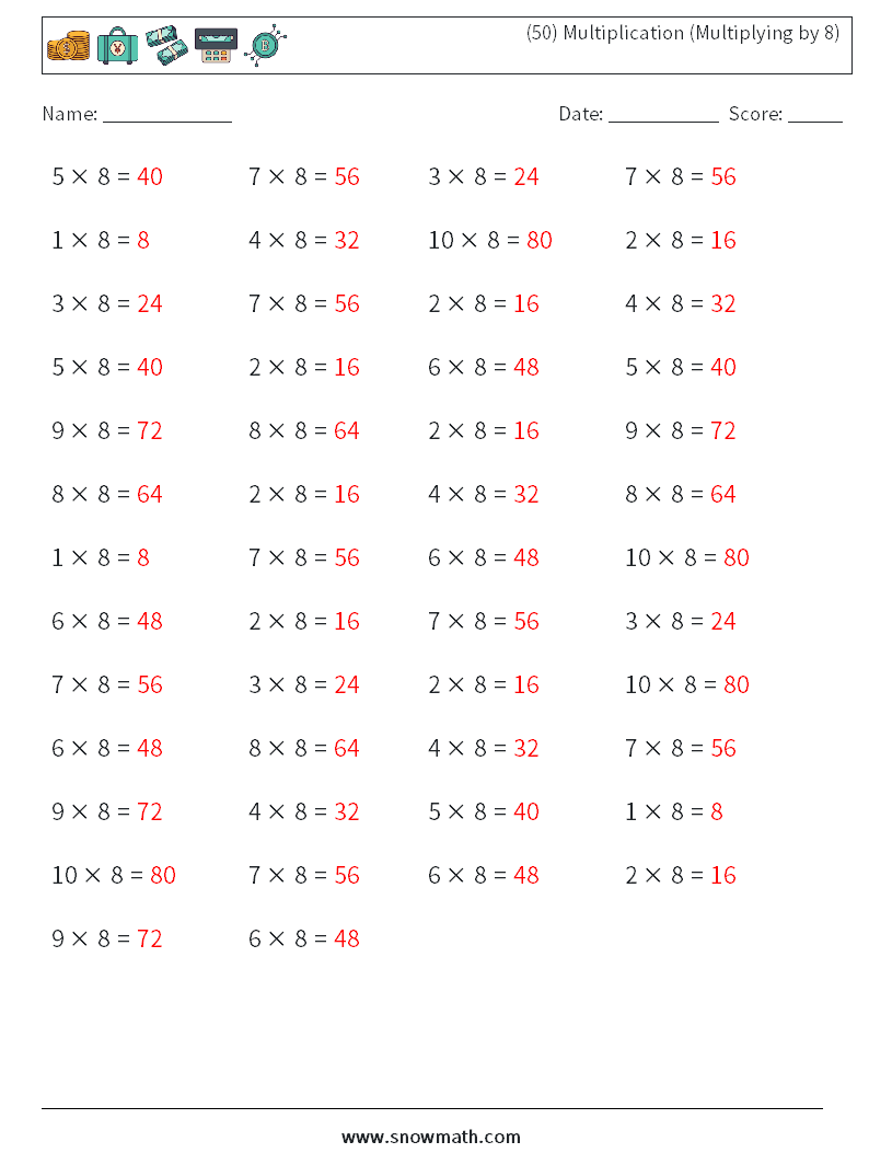 (50) Multiplication (Multiplying by 8) Math Worksheets 3 Question, Answer